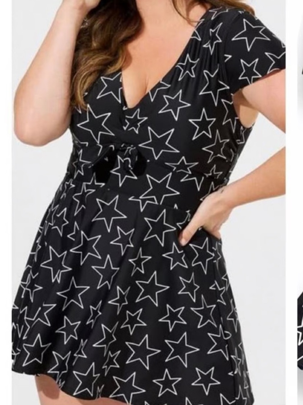 Black Star-Print Short Sleeve Bathing Suit Dress